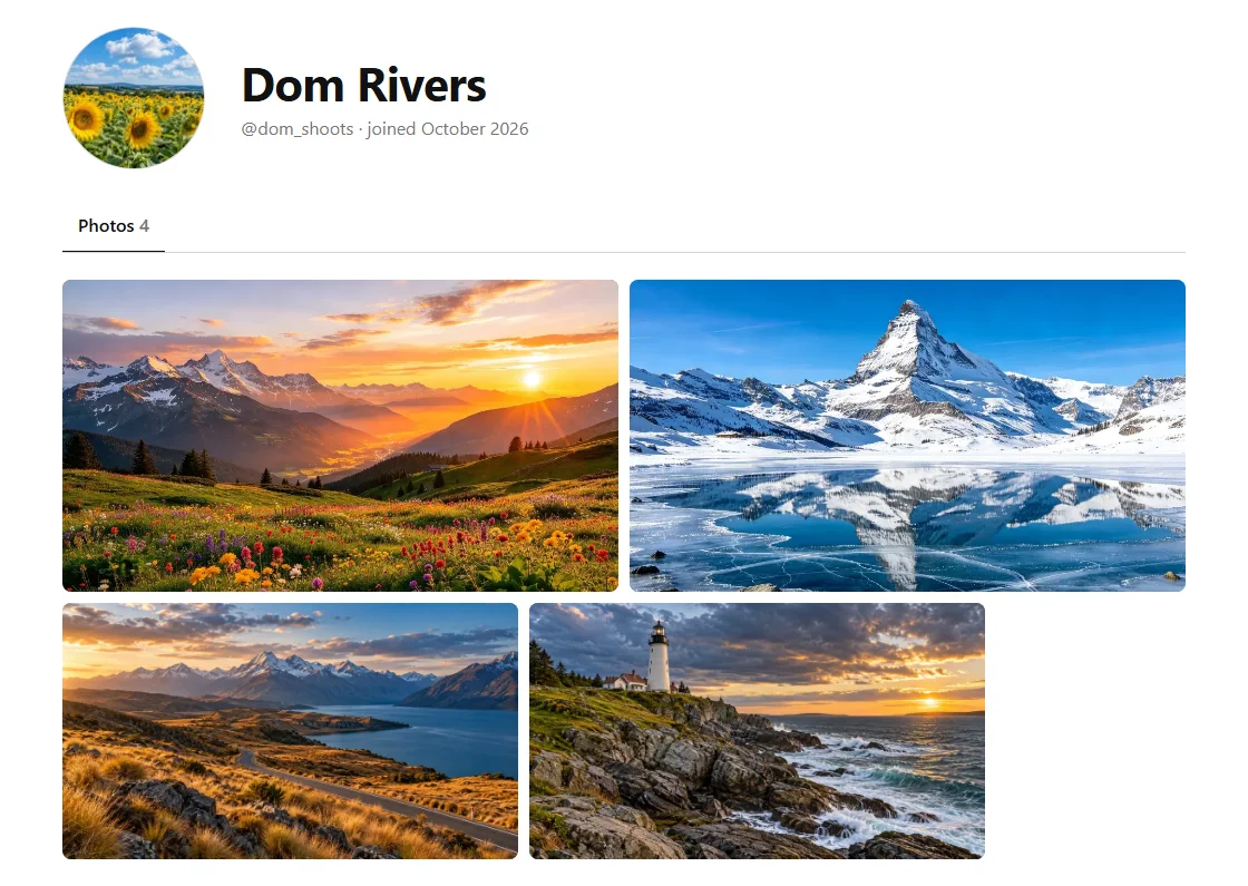 A public profile: a round profile picture, the name, username and month joined, and the published photos below.