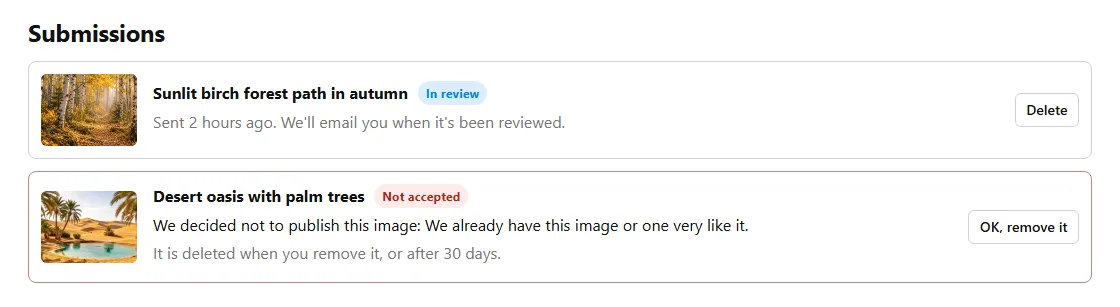 Submissions on the account page: one image In review, and one Not accepted with the reason and an OK, remove it button.