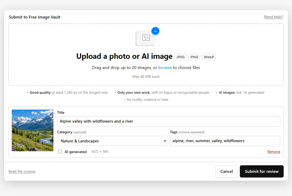 The upload page: a box to drop images into, and below it an uploaded image with its title, category, tags and AI generated box.