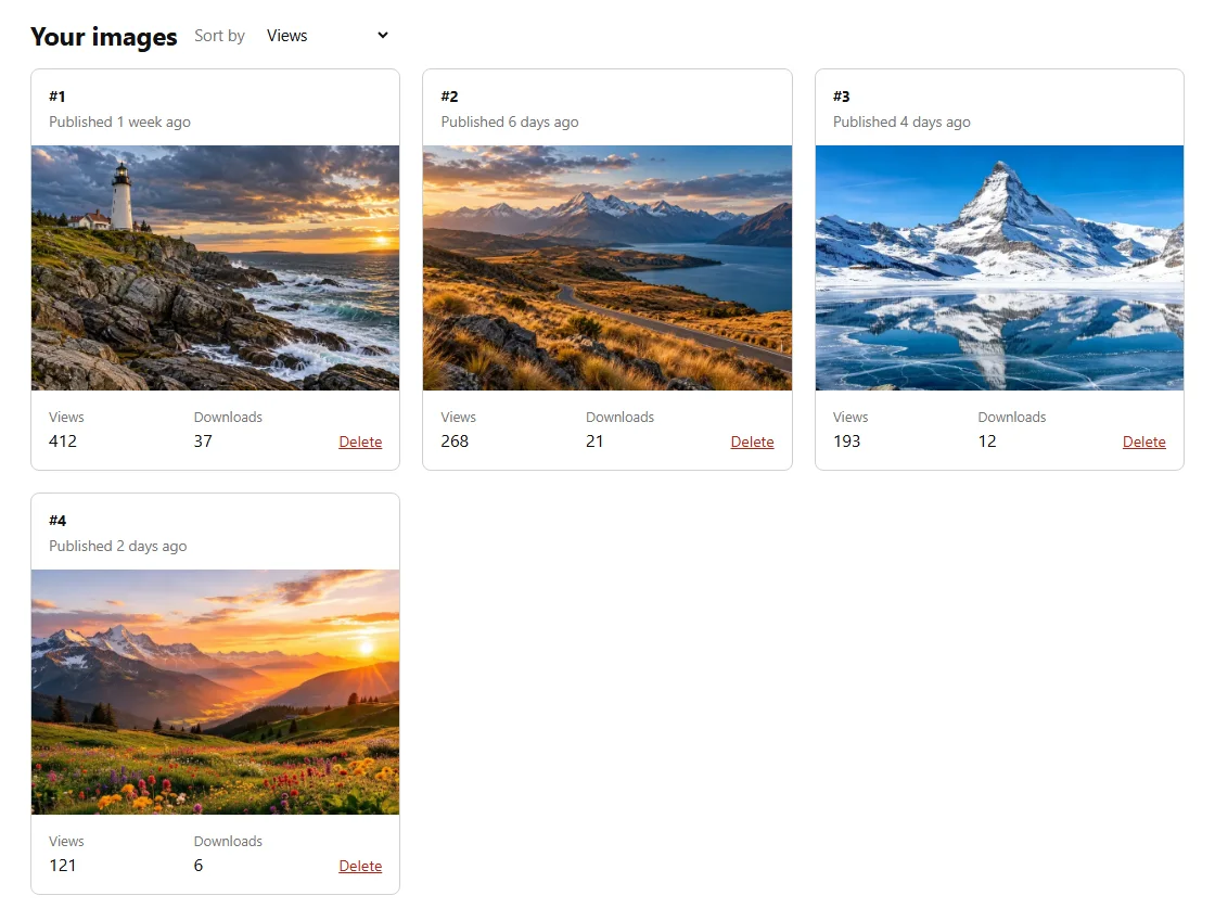 Your images on the account page: each image card shows its views and downloads, with a Delete link.