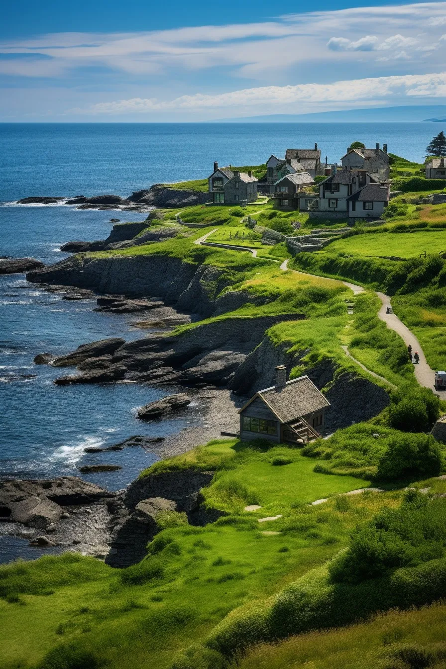 Coastal village between green cliffs