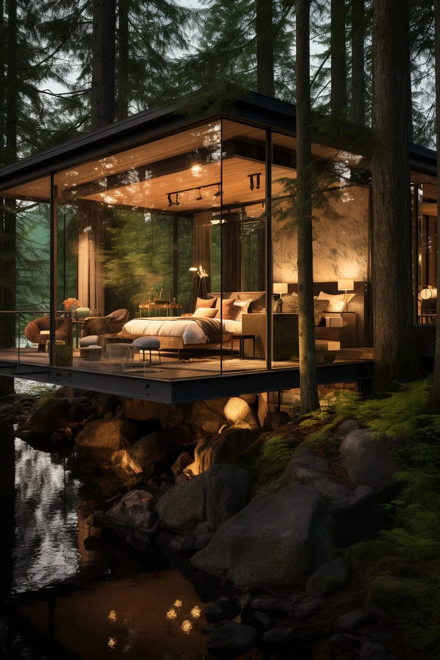 Forest retreat beside a still lake