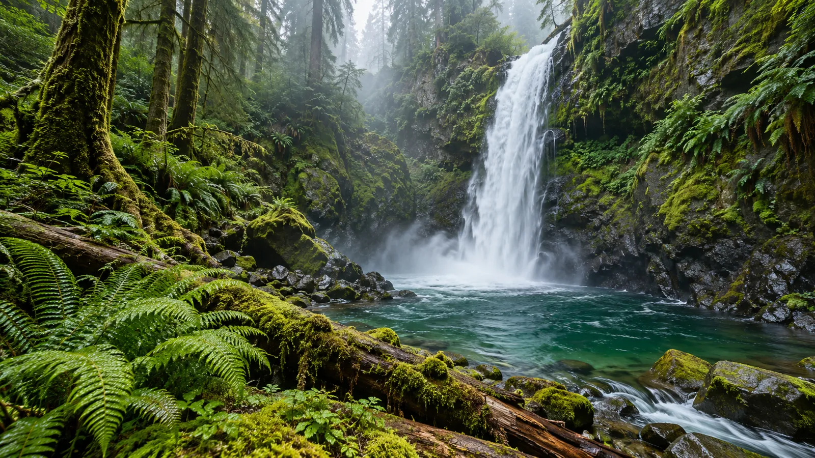 Waterfall in a misty rainforest