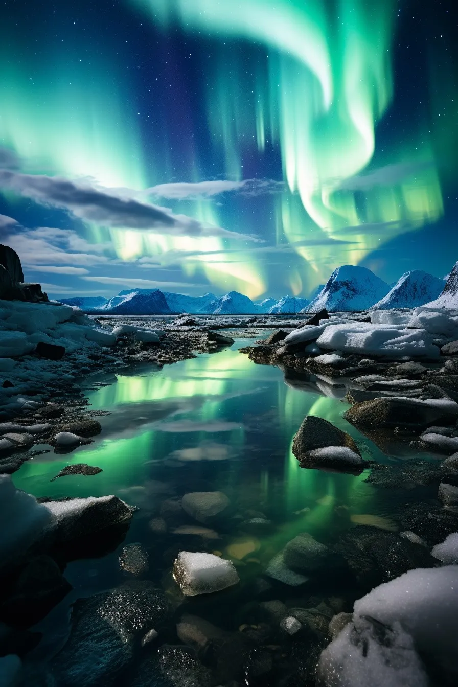 Aurora borealis over icy mountains