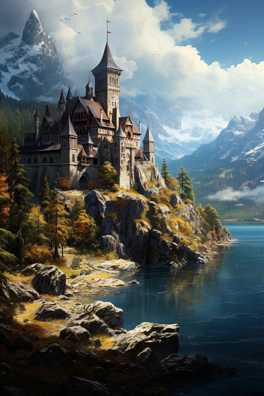 Clifftop castle above a calm inlet