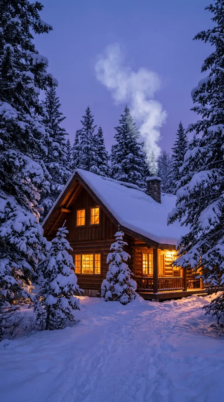 Snowy mountain cabin at blue hour