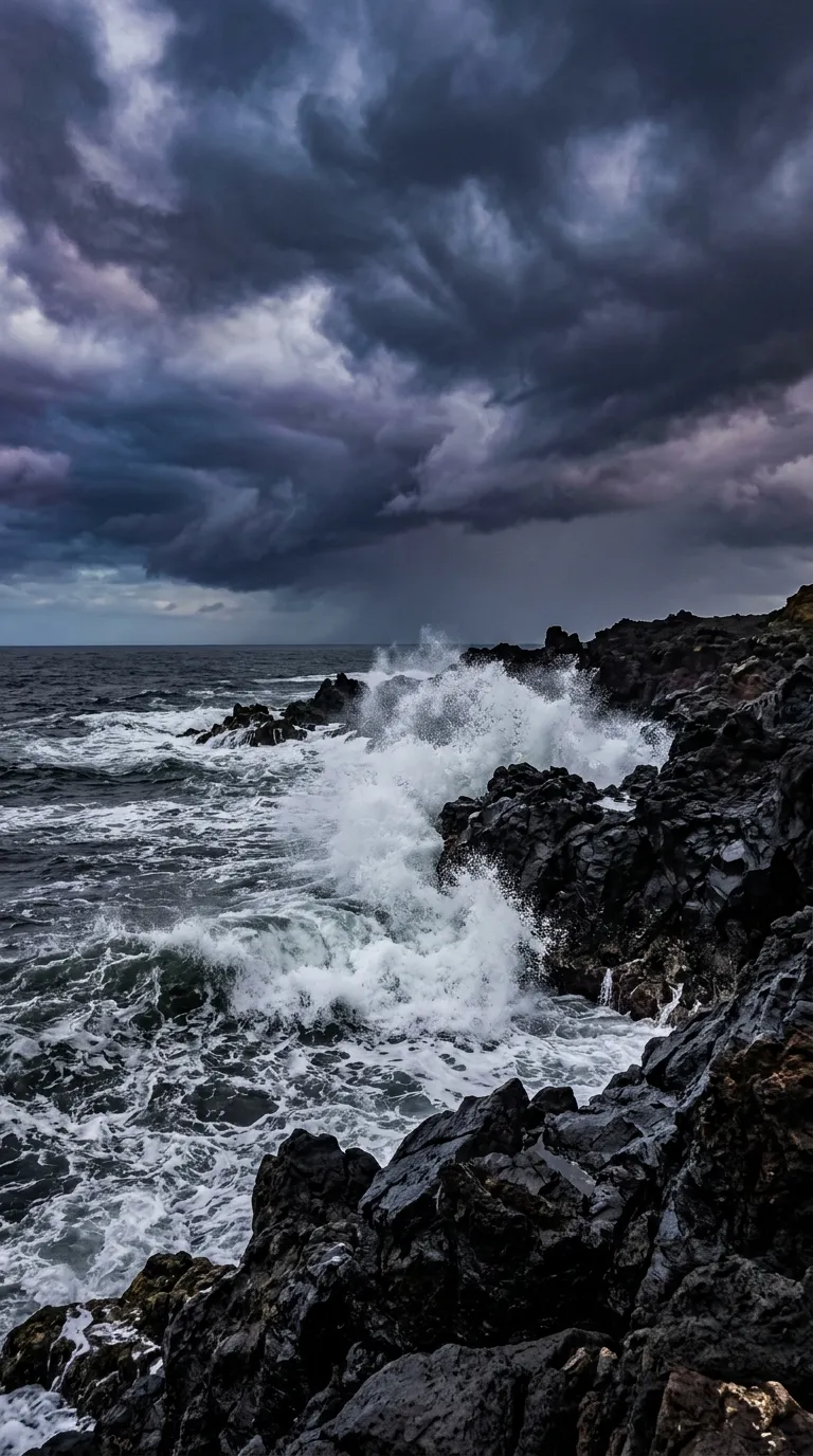 Stormy waves on volcanic rocks