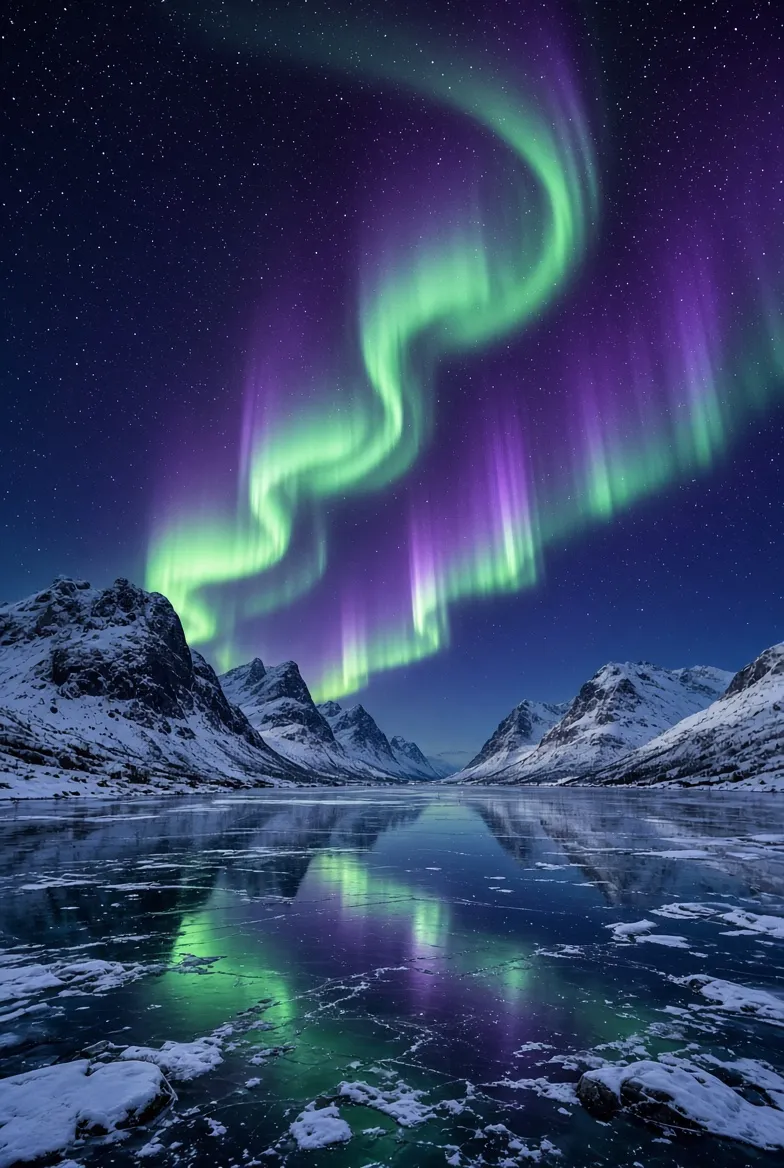 Northern lights over a frozen fjord