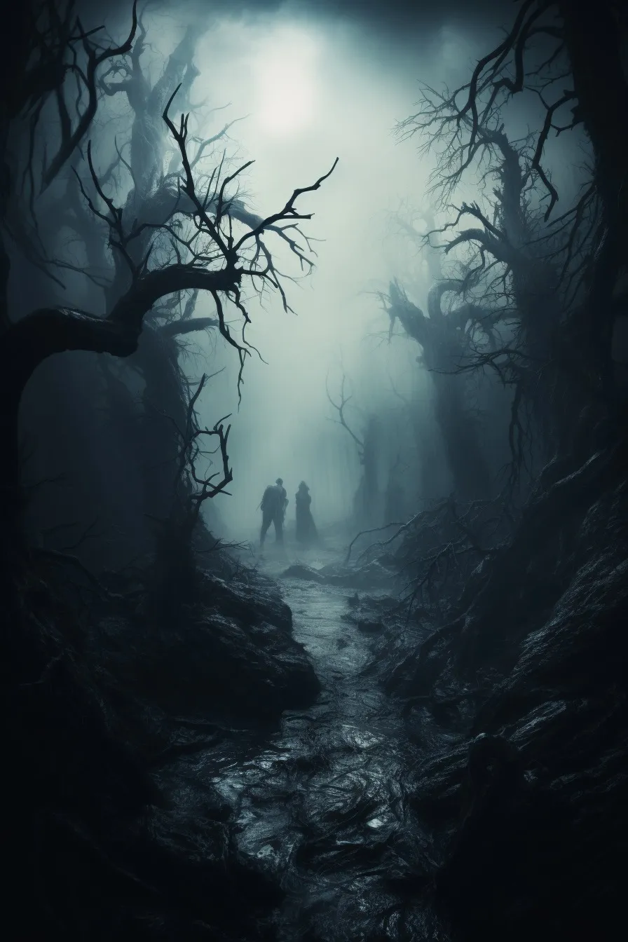 Eerie foggy moor with twisted trees