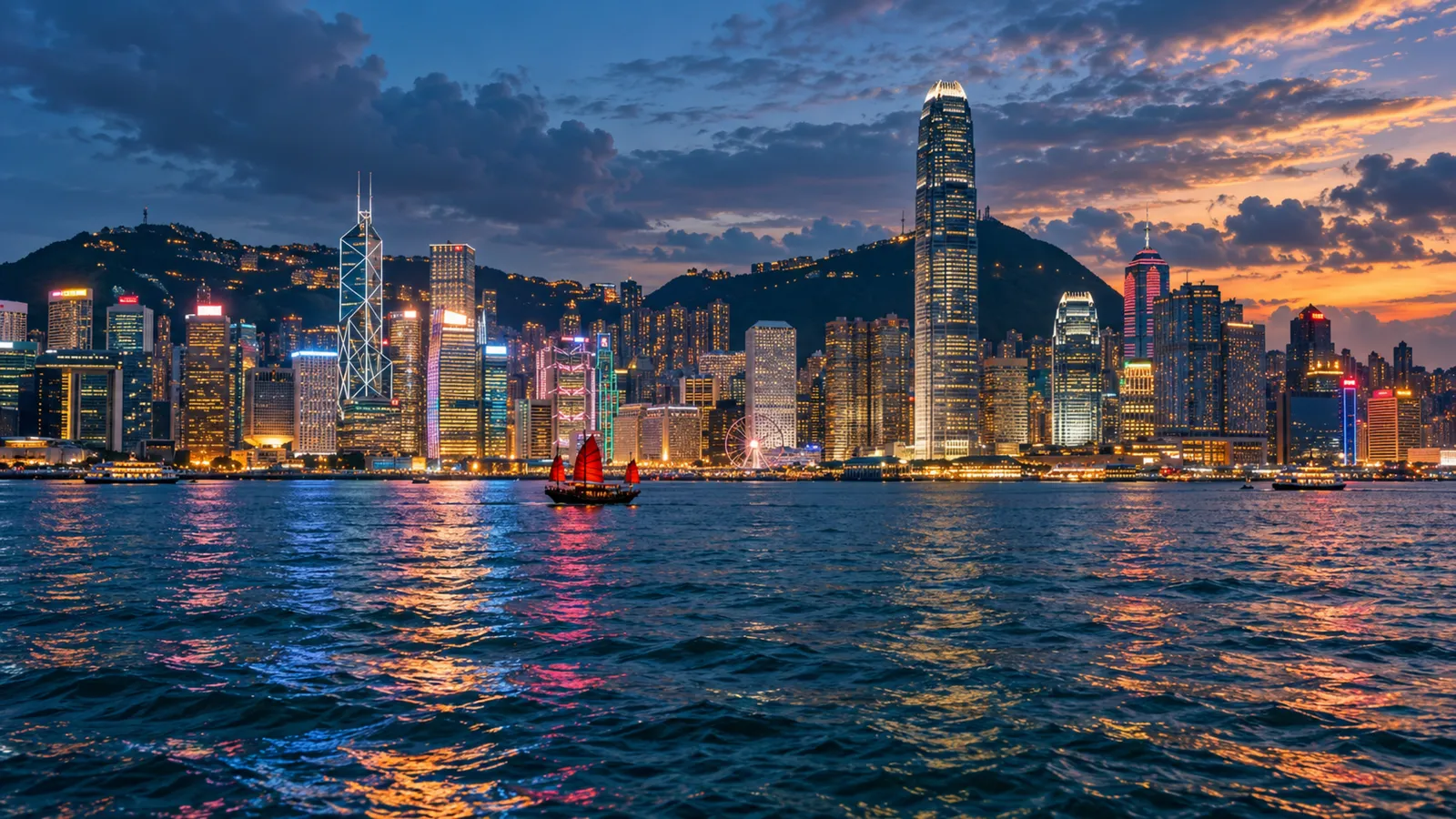 Hong Kong harbour skyline at night