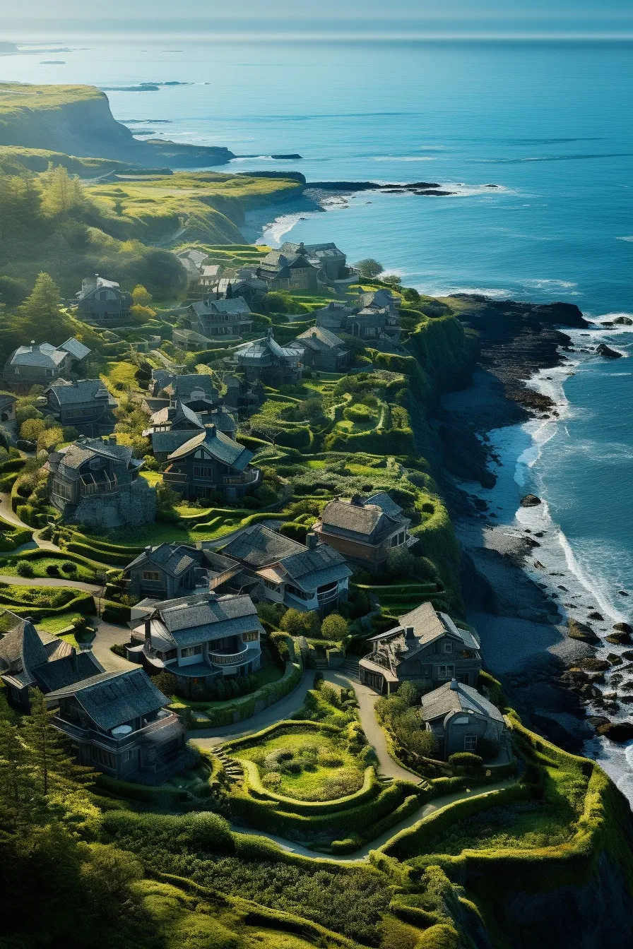 Coastal village between green cliffs