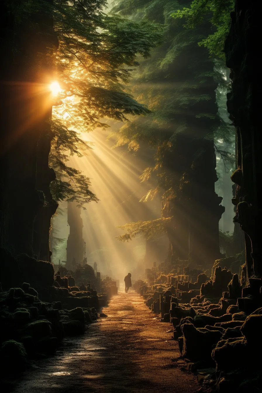 Sun rays in a forest glade