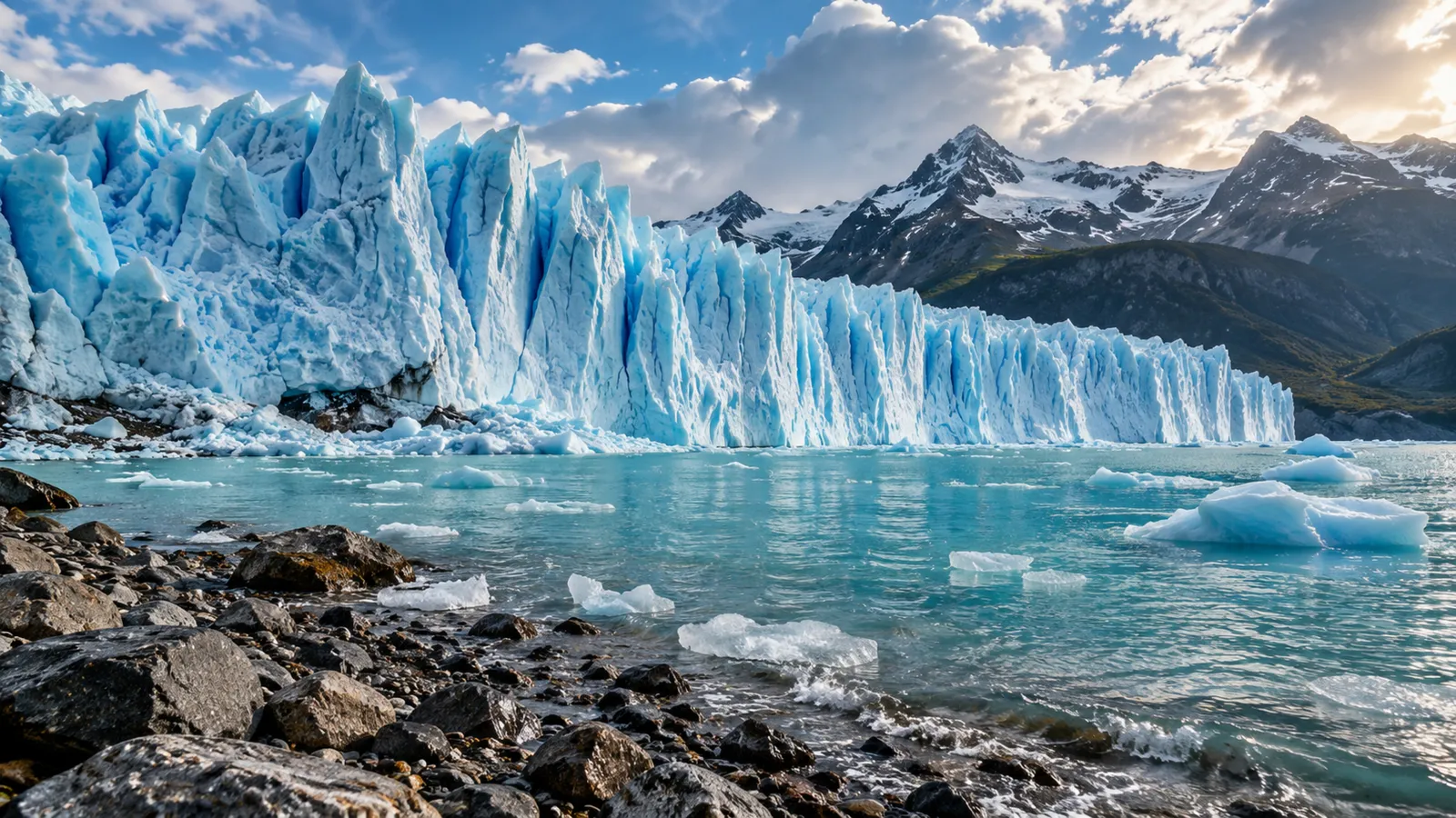 Glacier meeting a turquoise lake in Patagonia