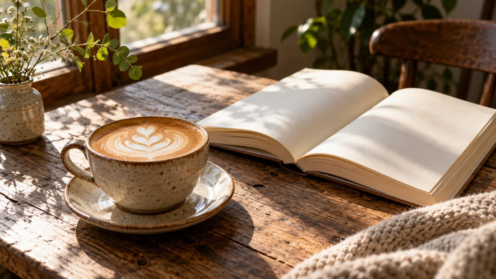 Latte and an open book on a wooden table