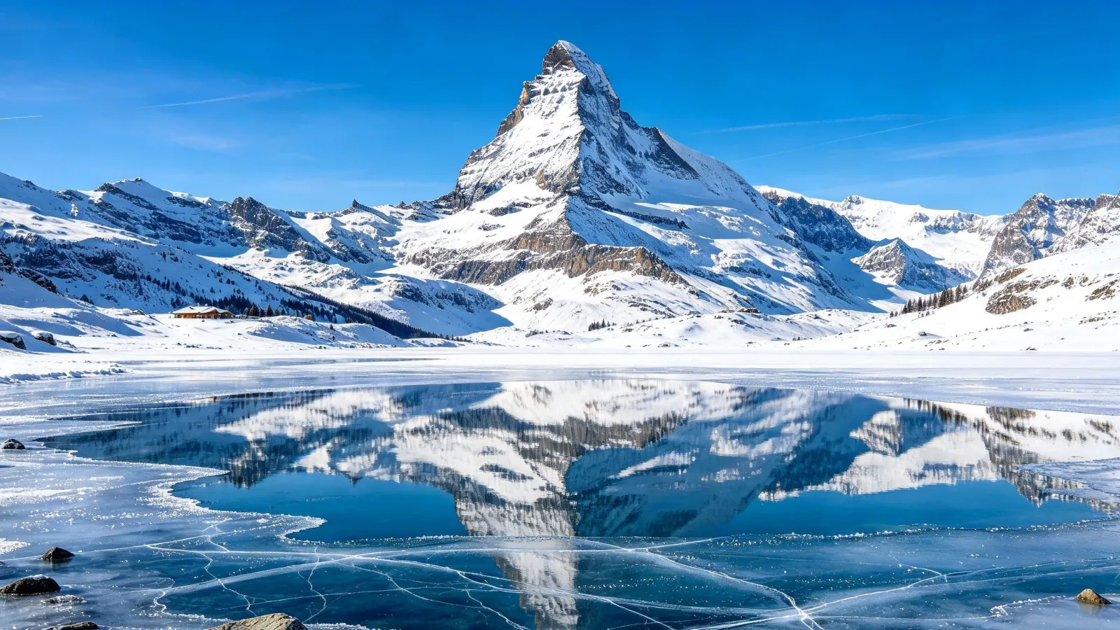 Snow-capped peak reflected in a frozen lake