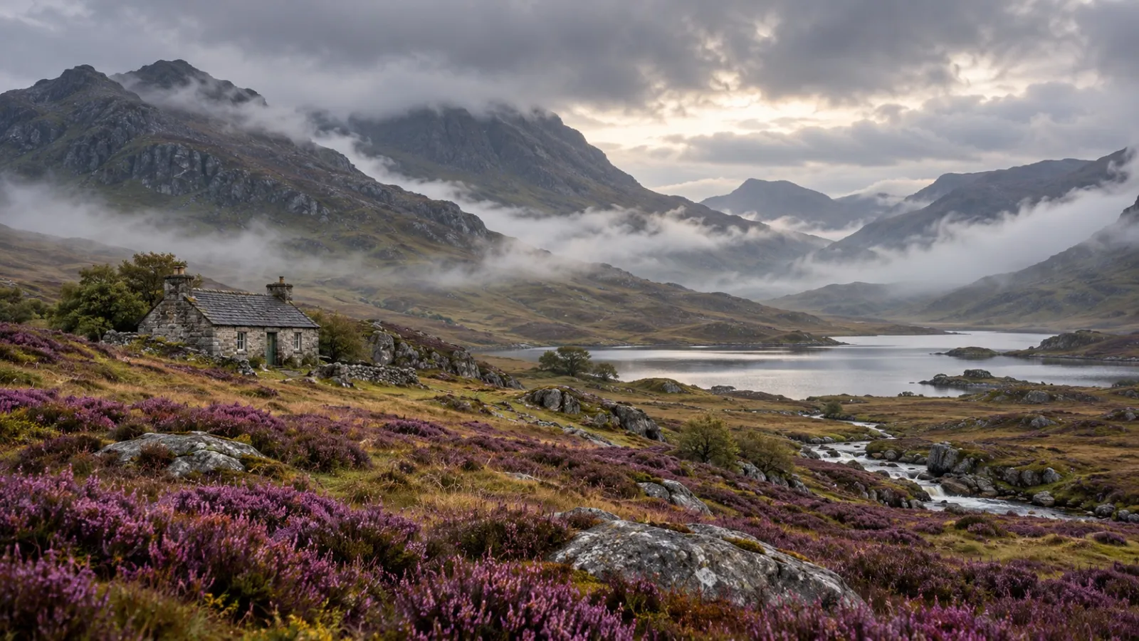 Highland cottage among purple heather