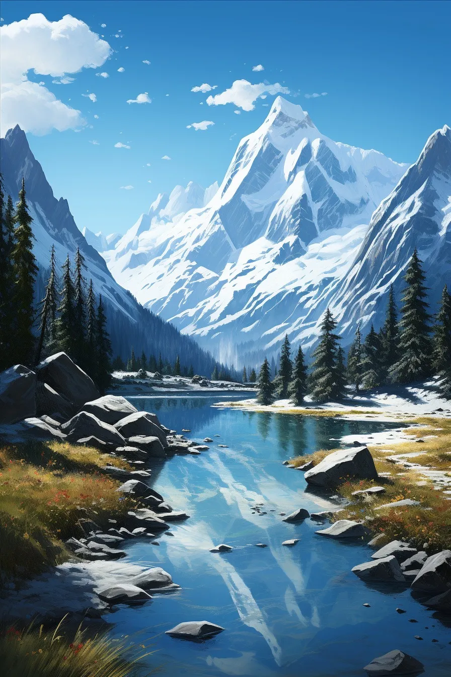 Snow-capped peaks reflected in a lake