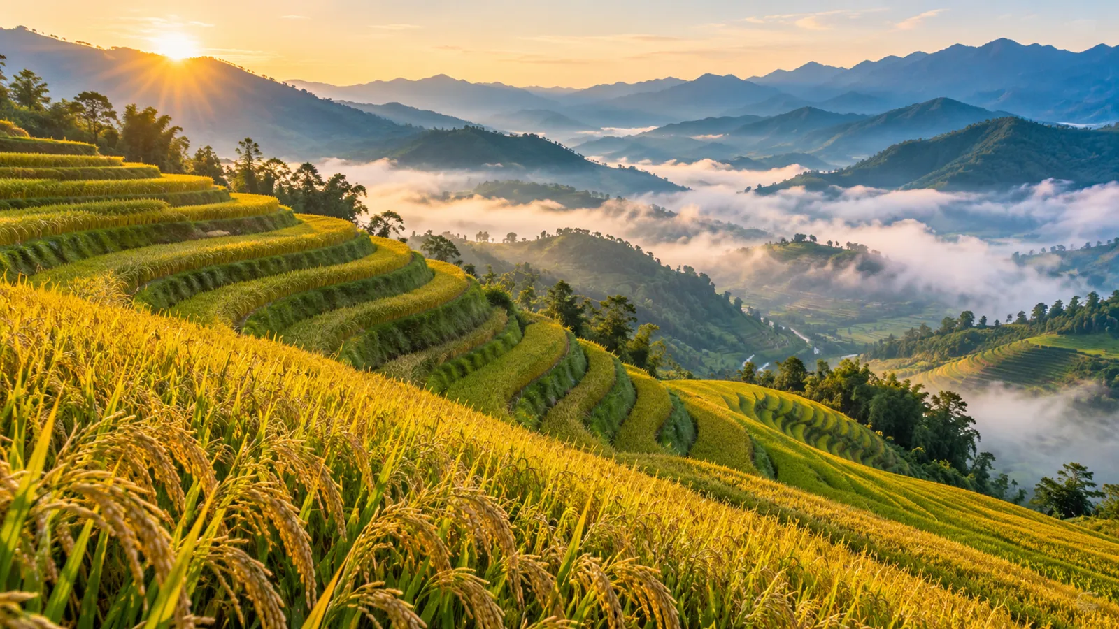 Golden rice terraces above a misty valley
