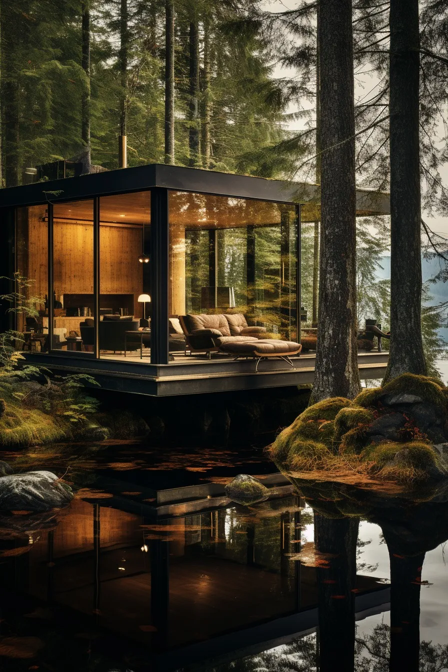 Forest retreat beside a still lake
