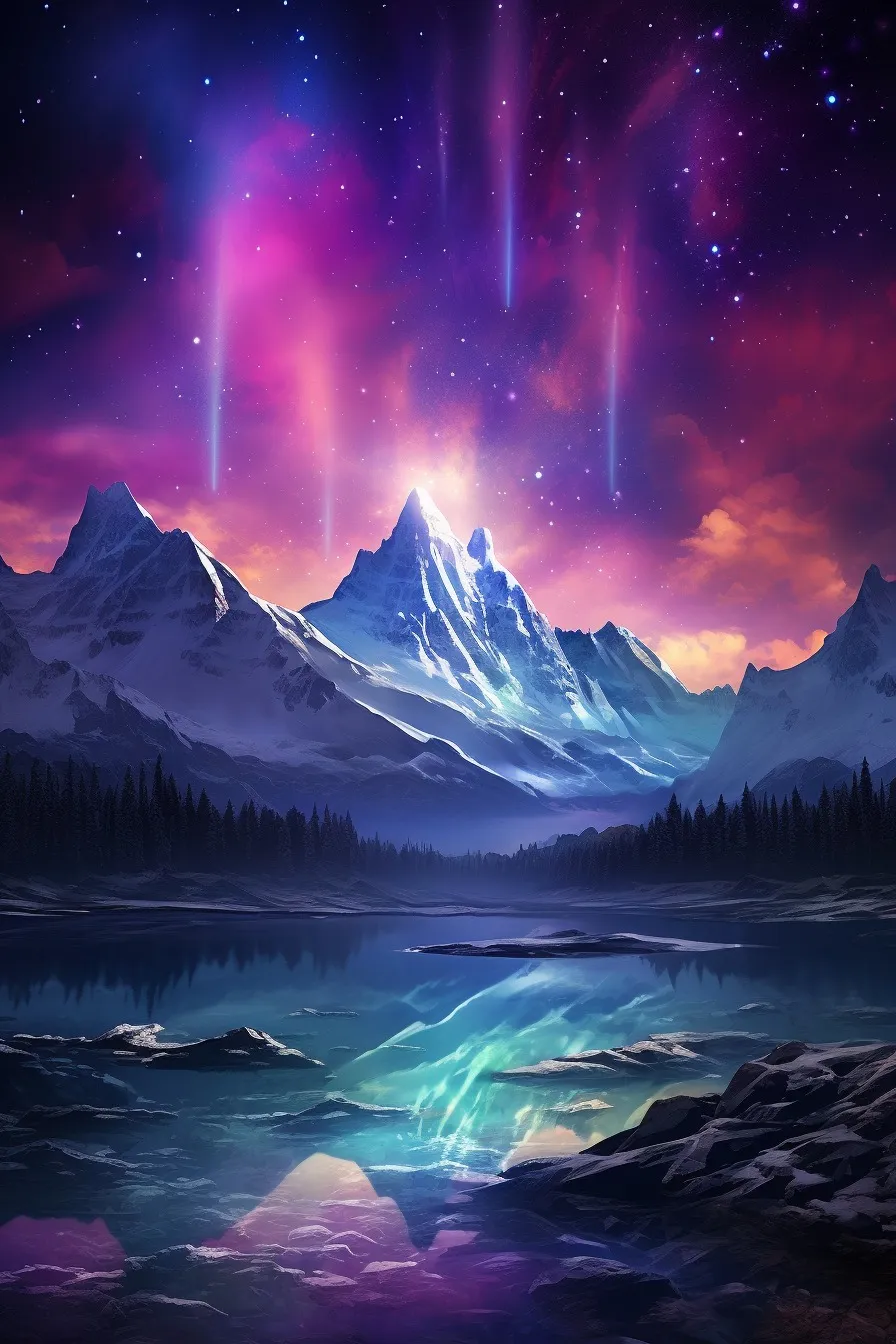 Northern lights over snowy peaks