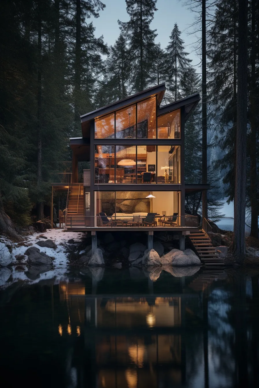 Mountain cabin among tall pines