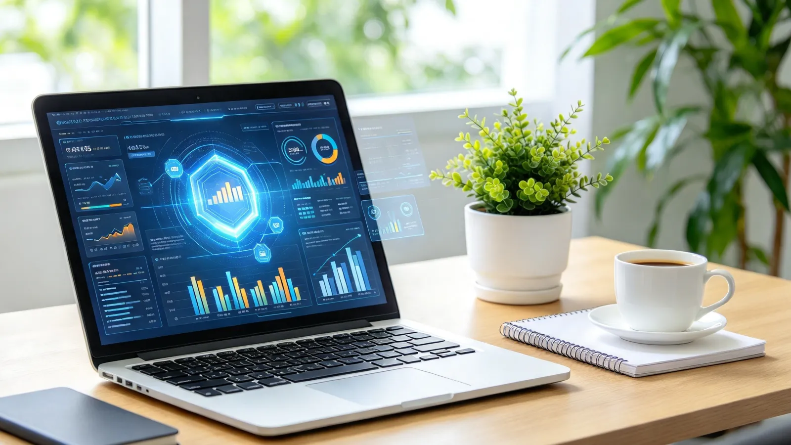 Laptop with charts on a bright desk