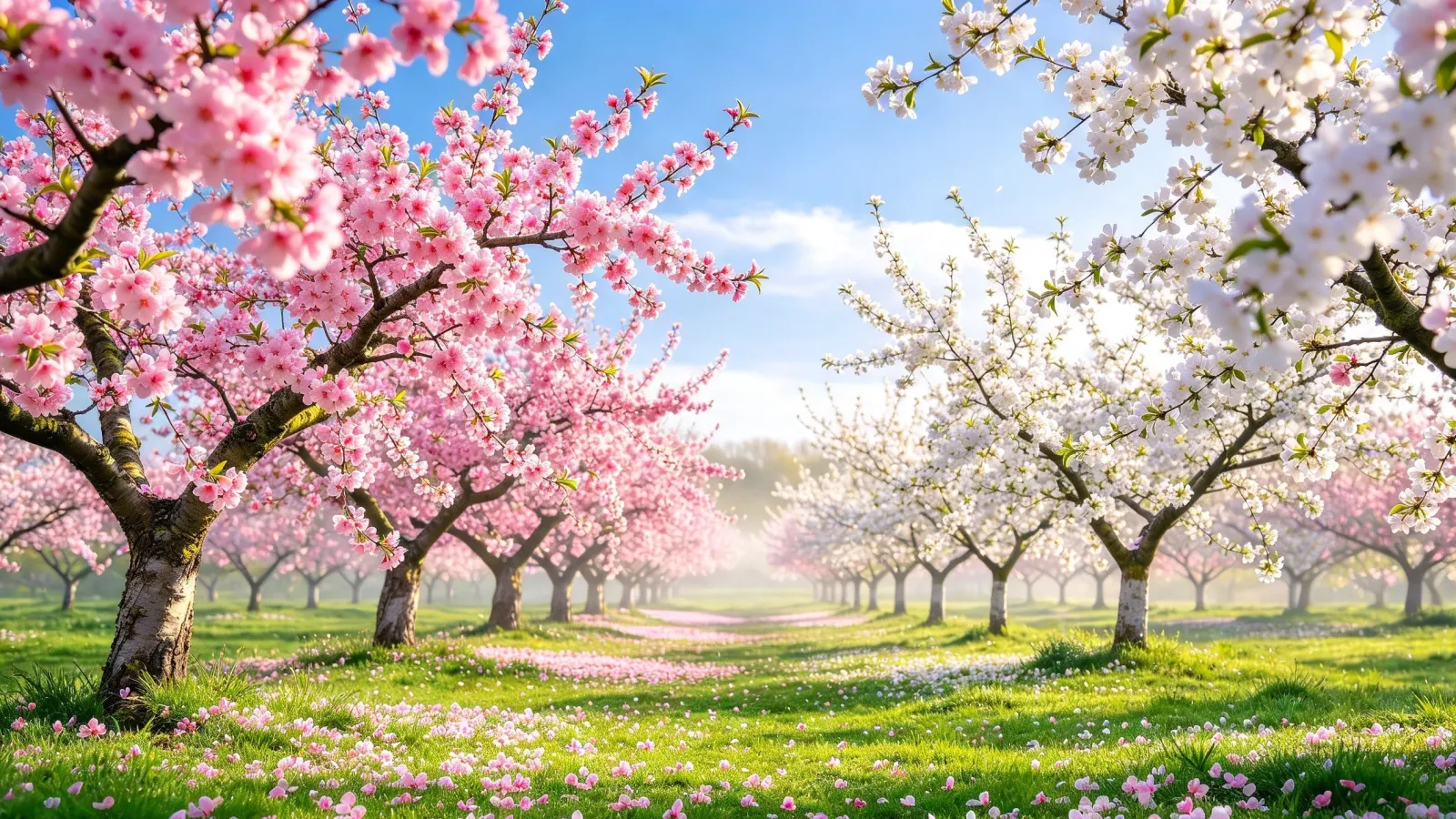 Pink and white blossom orchard in spring
