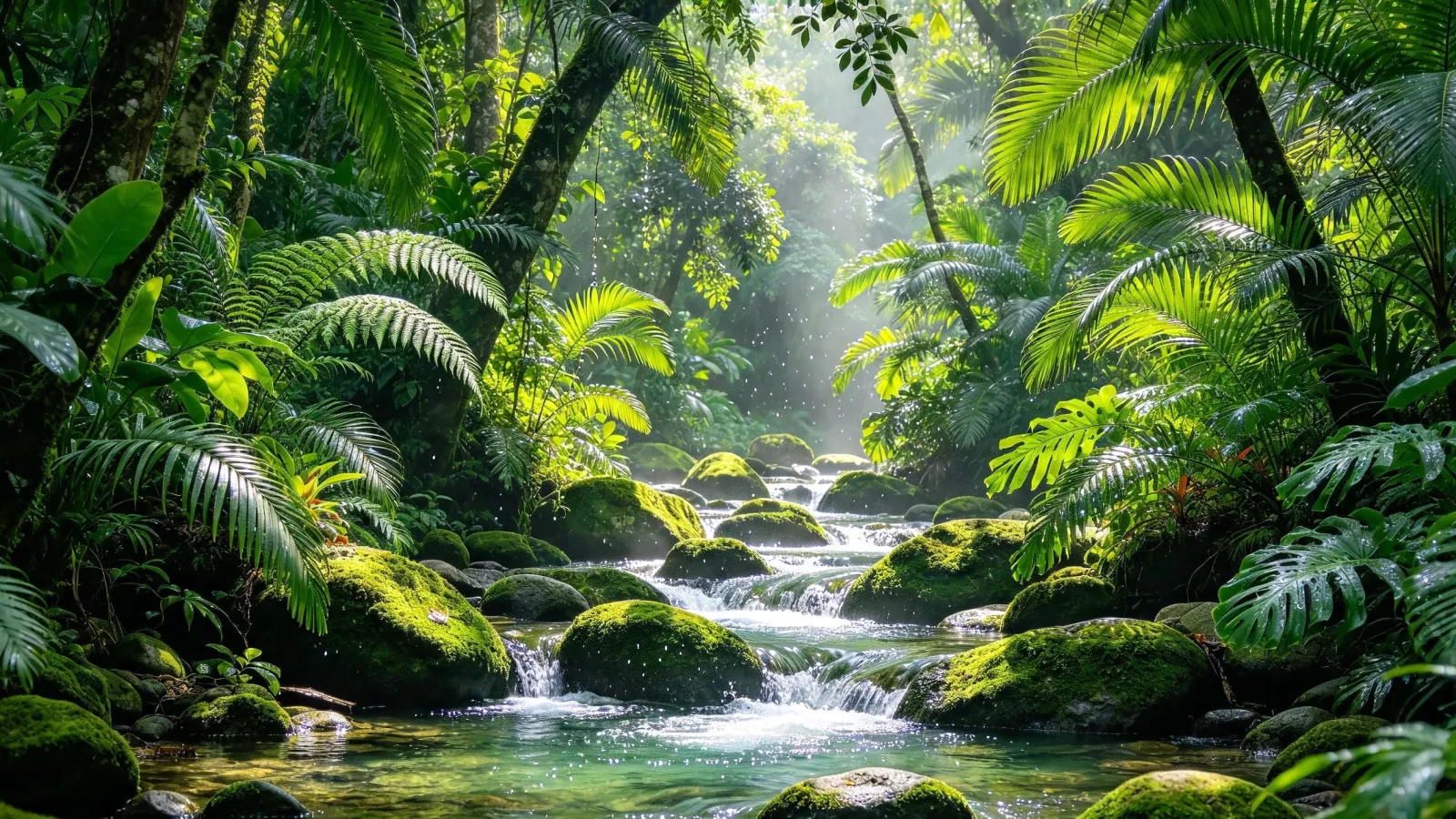 Mossy stream in a sunlit jungle