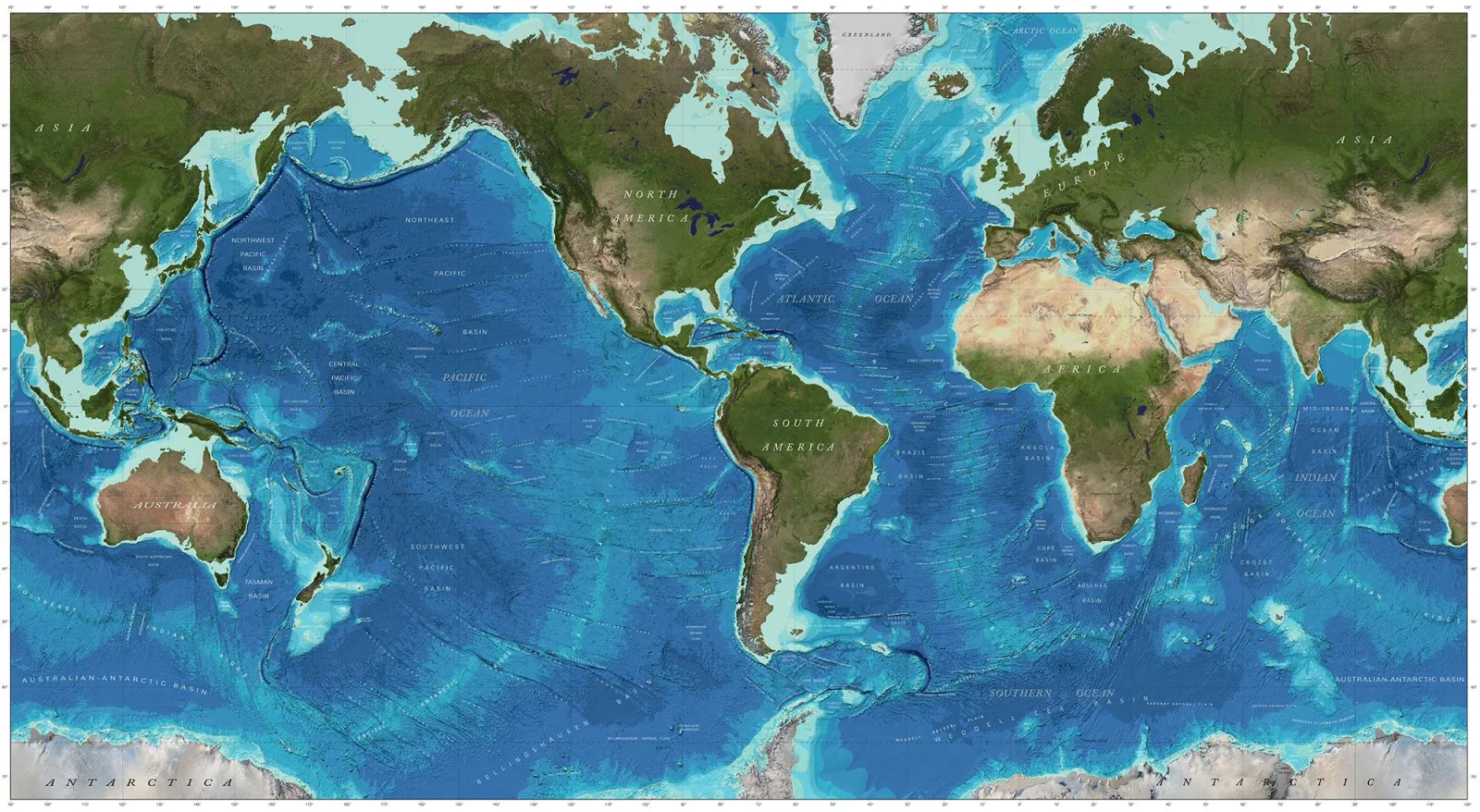 World map of ocean depths (GEBCO 2014)