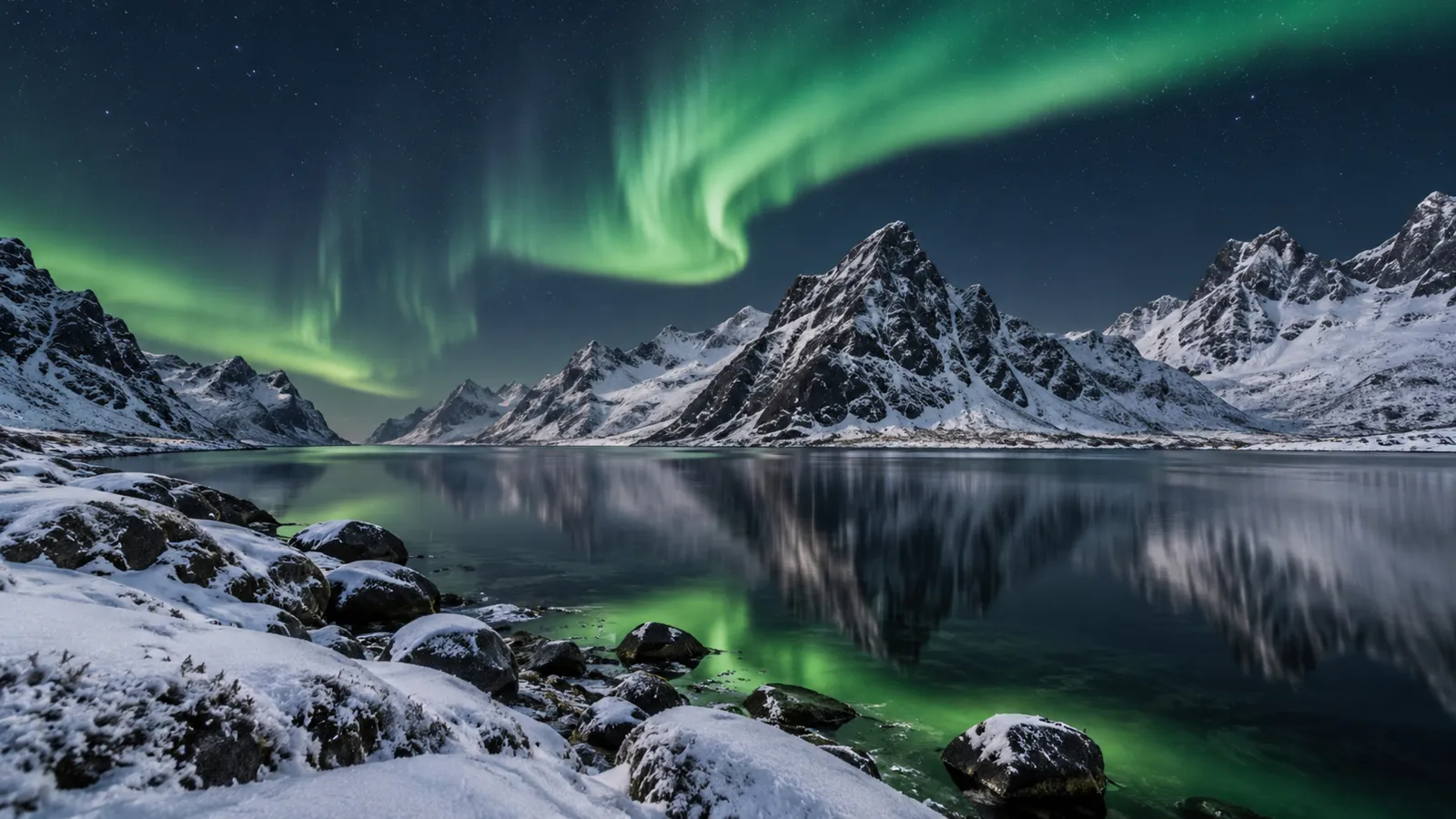Northern lights over snowy mountains