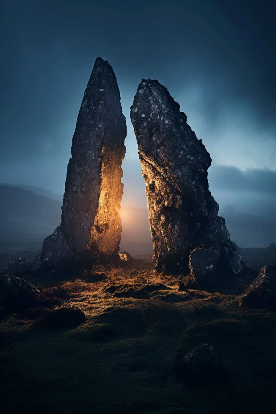 Ancient standing stones in morning haze