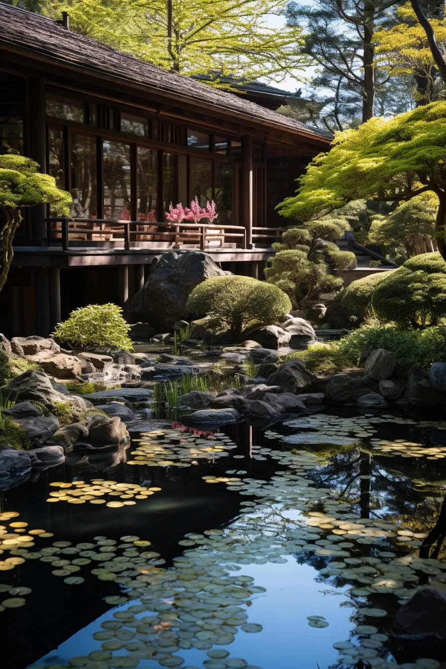Calm Japanese garden with a pebble path