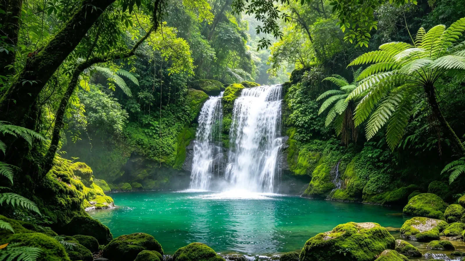 Waterfall into an emerald jungle pool
