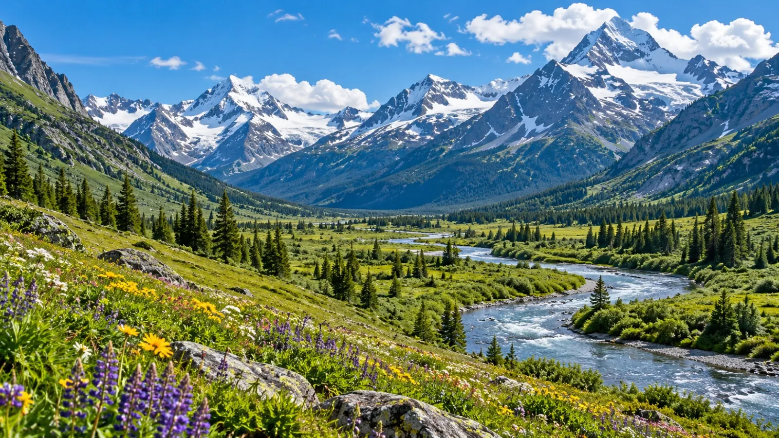 Alpine valley with wildflowers and a river