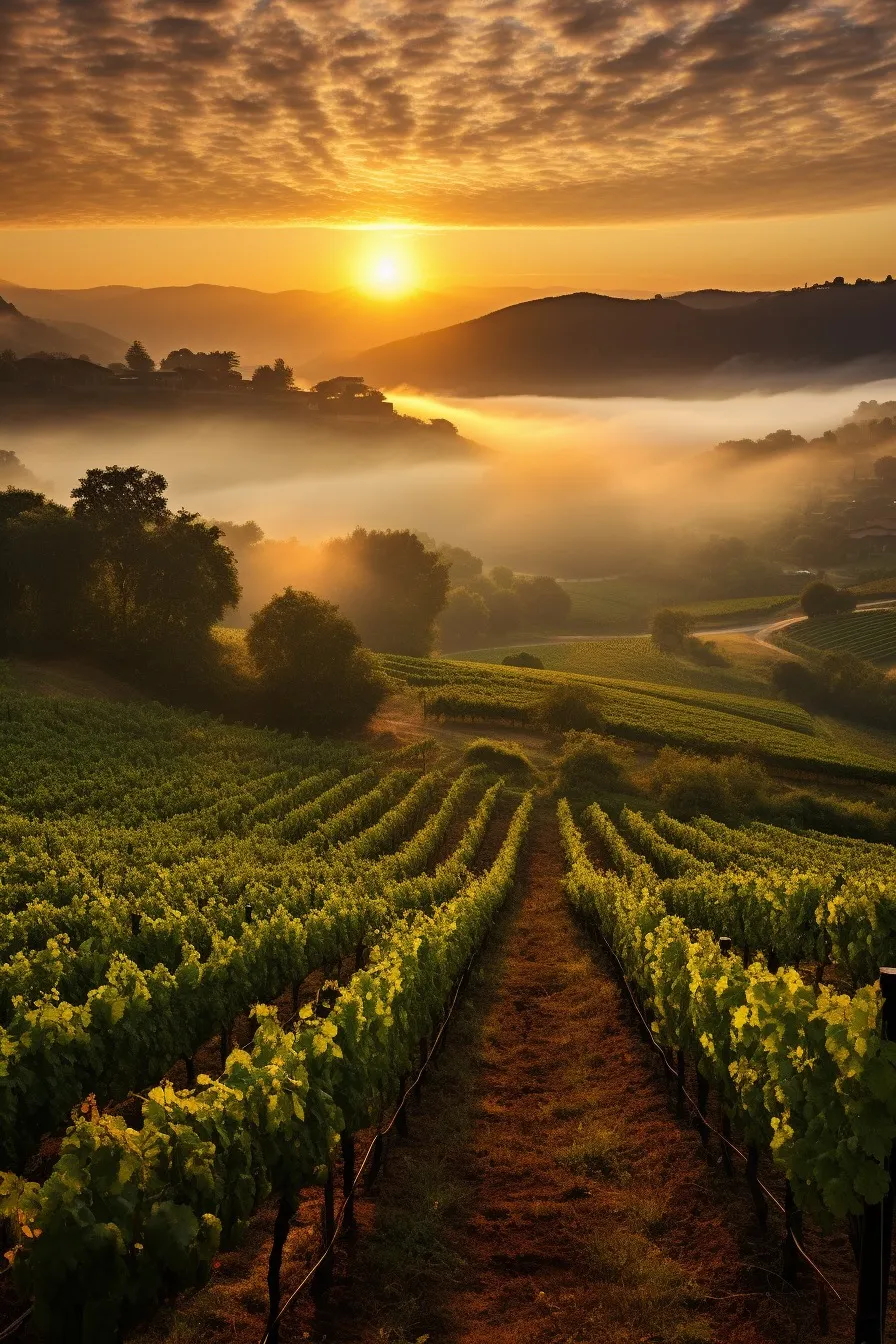 Foggy dawn over vineyards