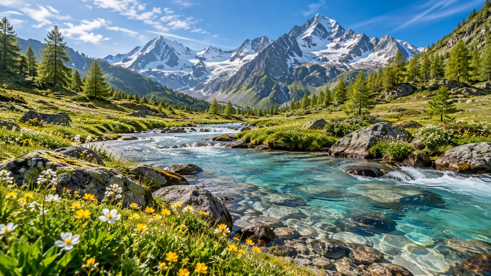 Turquoise stream through an alpine meadow