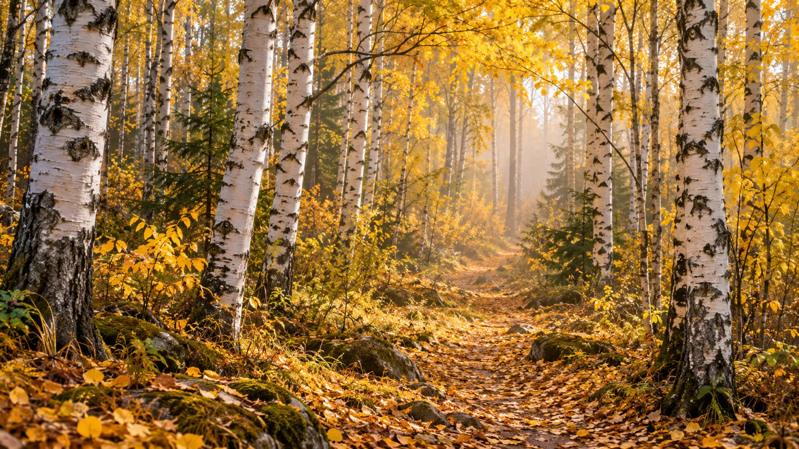 Sunlit birch forest path in autumn