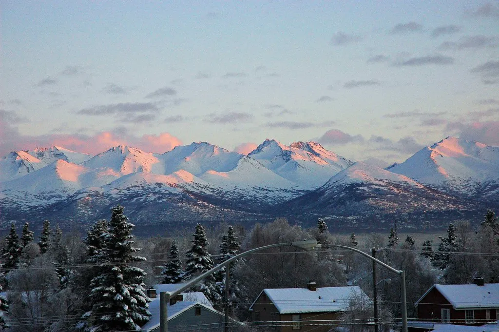 Chugach Range Mountains, Christmas Eve, viewed from the 4th floor Pioneer's Home, Anchorage, Alaska, USA