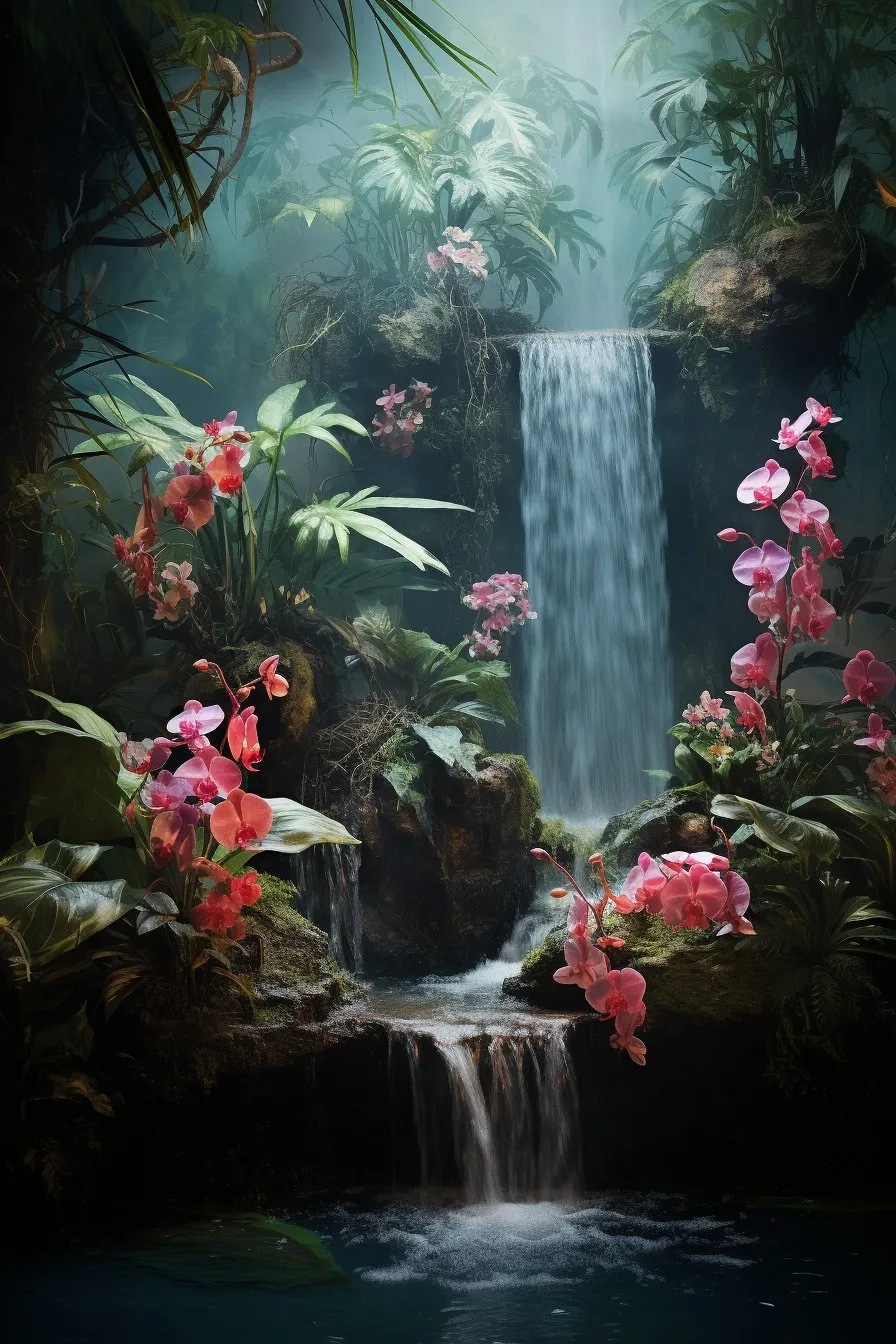 Tropical waterfall surrounded by flowers