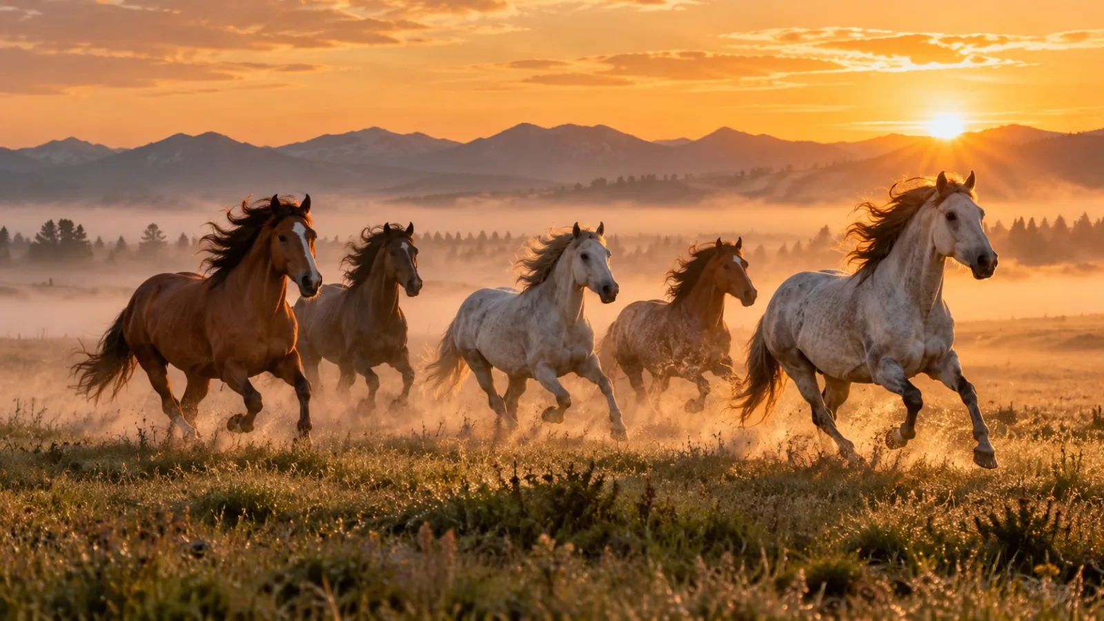 Wild horses galloping at sunrise