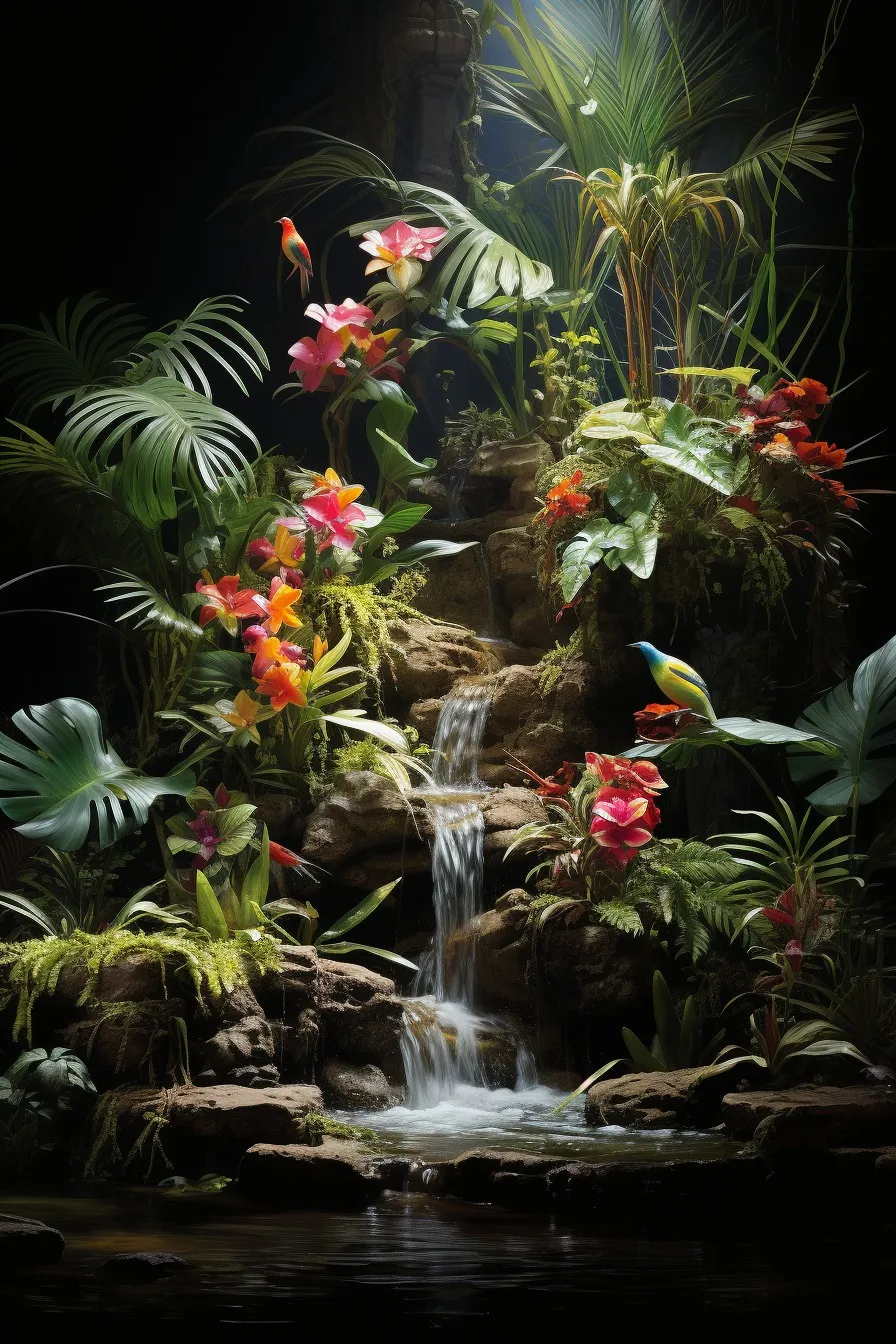 Tropical waterfall surrounded by flowers