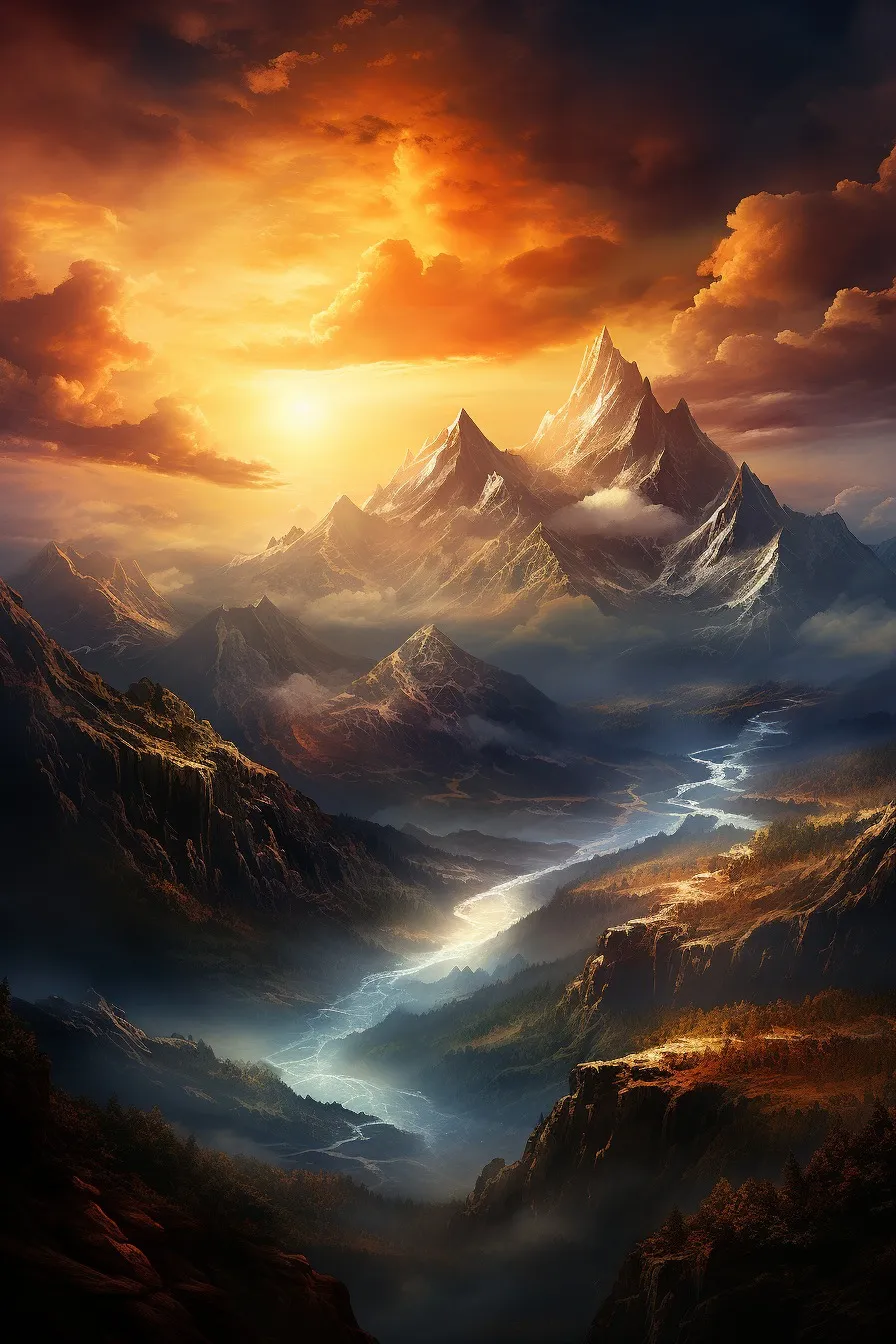 Dramatic mountain peaks at sunset