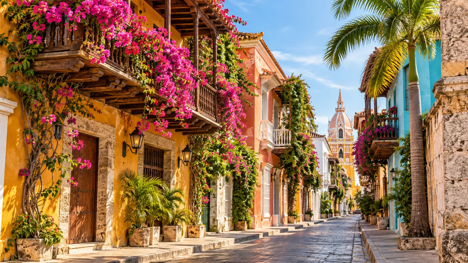 Colonial street with flowering balconies
