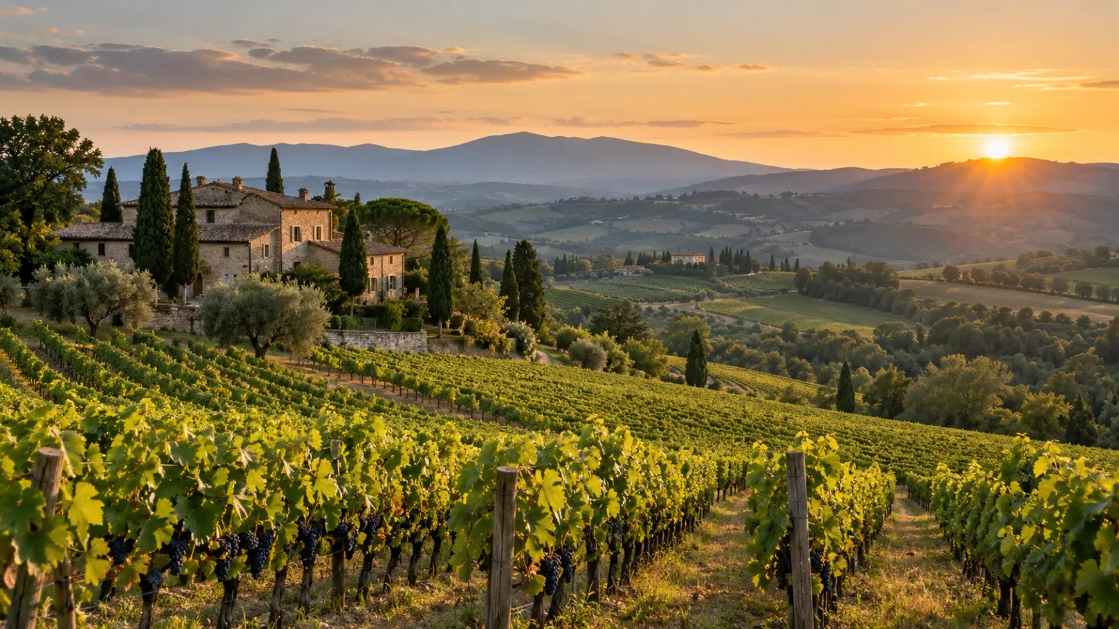 Vineyard and stone farmhouse at sunset