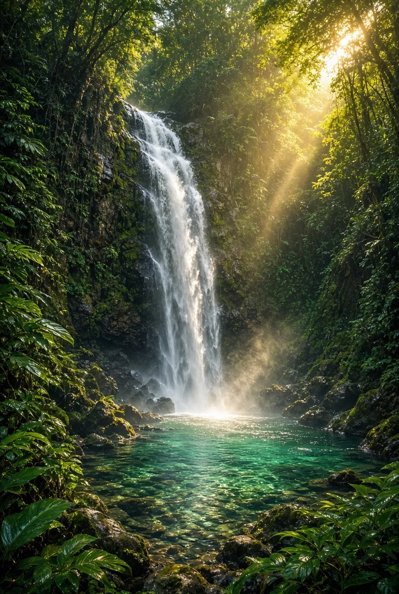 Jungle waterfall with sun rays
