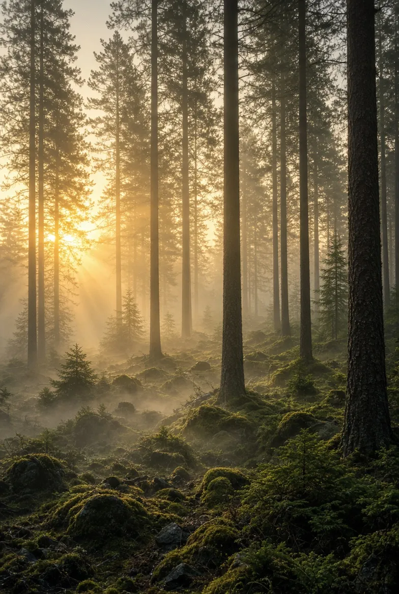 Misty pine forest at sunrise