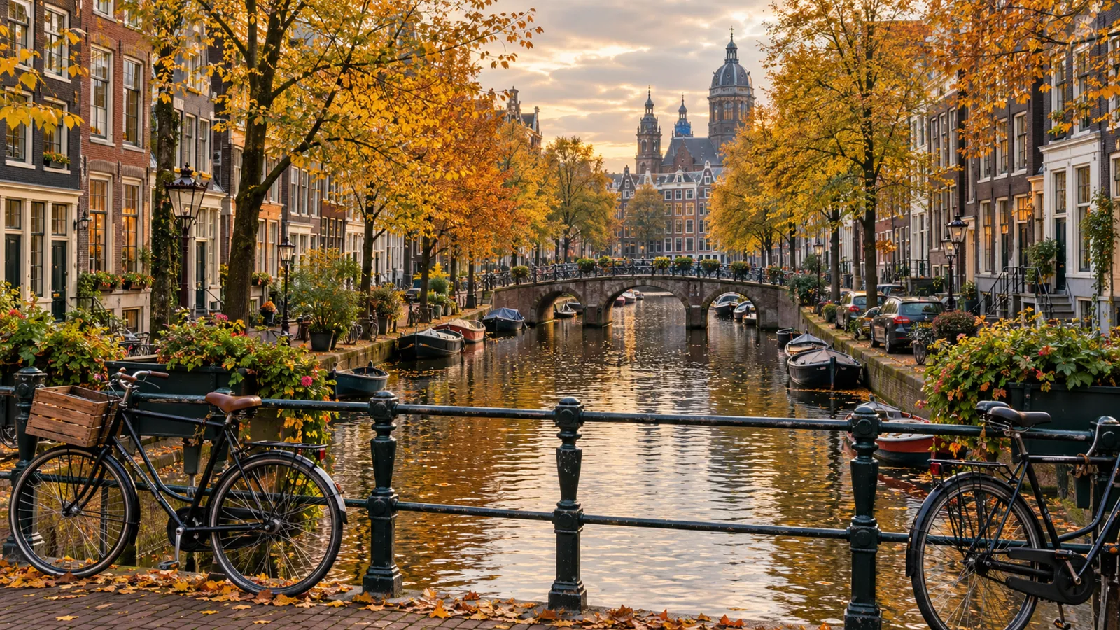 Amsterdam canal with bicycles in autumn