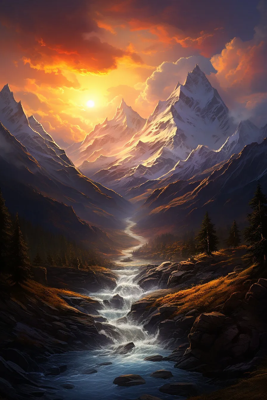 Dramatic mountain peaks at sunset