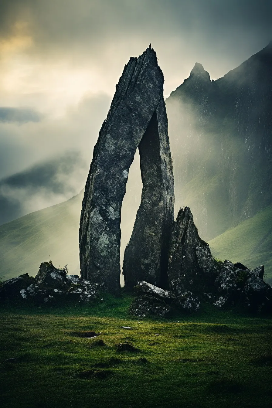 Ancient standing stones in morning haze