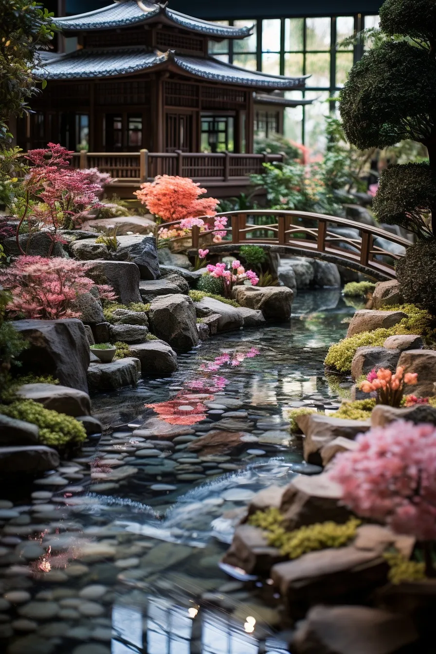 Calm Japanese garden with a pebble path